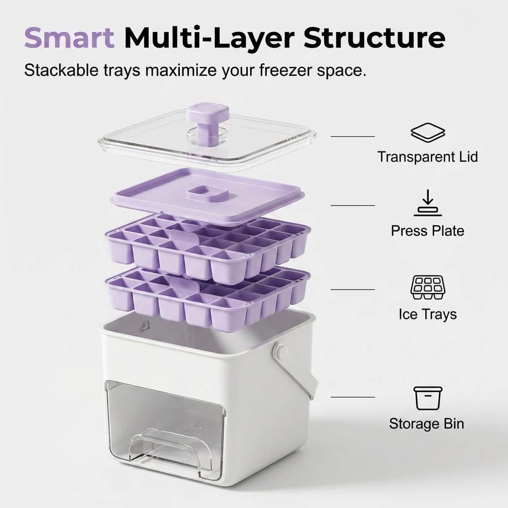 2026 Upgrade Double-Deck Portable Ice Cube Tray, 50 Cube Ice Maker with Easy Press Lid, Ice Cube Mold Maker Container Box for DIY Whiskey Cocktail Coffee Beverages (purple)