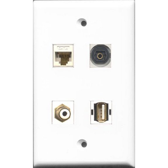 RiteAV 1 Port RCA White and 1 Port USB A-A and 1 Port Toslink and 1 Port Cat6 Ethernet White Wall Plate