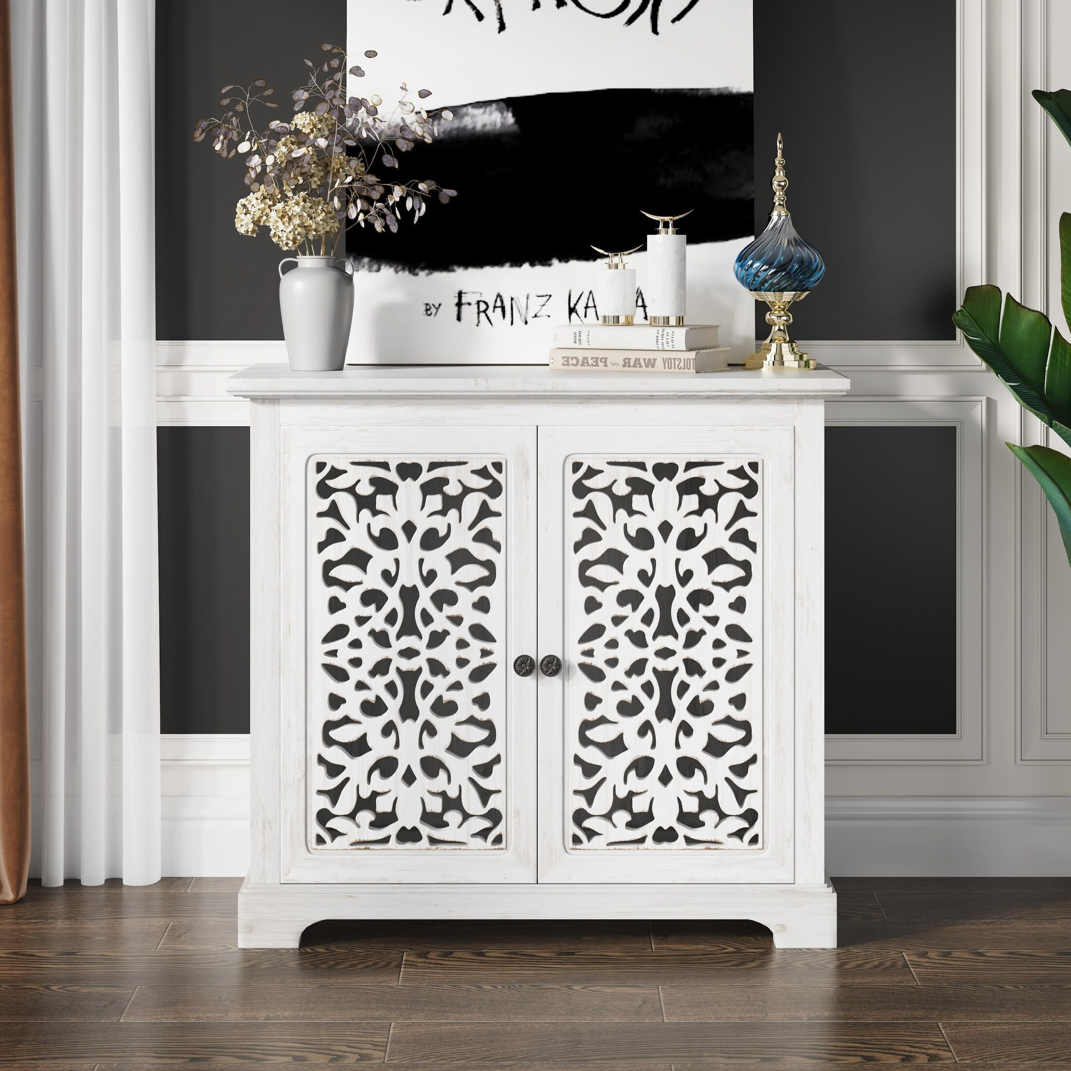 Noble House 31.5" Vintage Sideboard Buffet Cabinet with 2 Carved Doors, Antique White