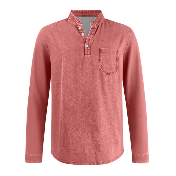 Resicozy Mokaloha Mens Long Sleeve Shirts, Men's Retro Stand Collar Pocket Casual Solid Color Distressed Henley Shirt Pink 3XL