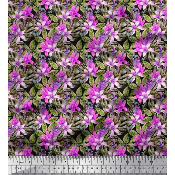 Soimoi Purple Cotton Duck Fabric Monstera Leaves & Yellow Floral Print Fabric by Yard 42 Inch Wide