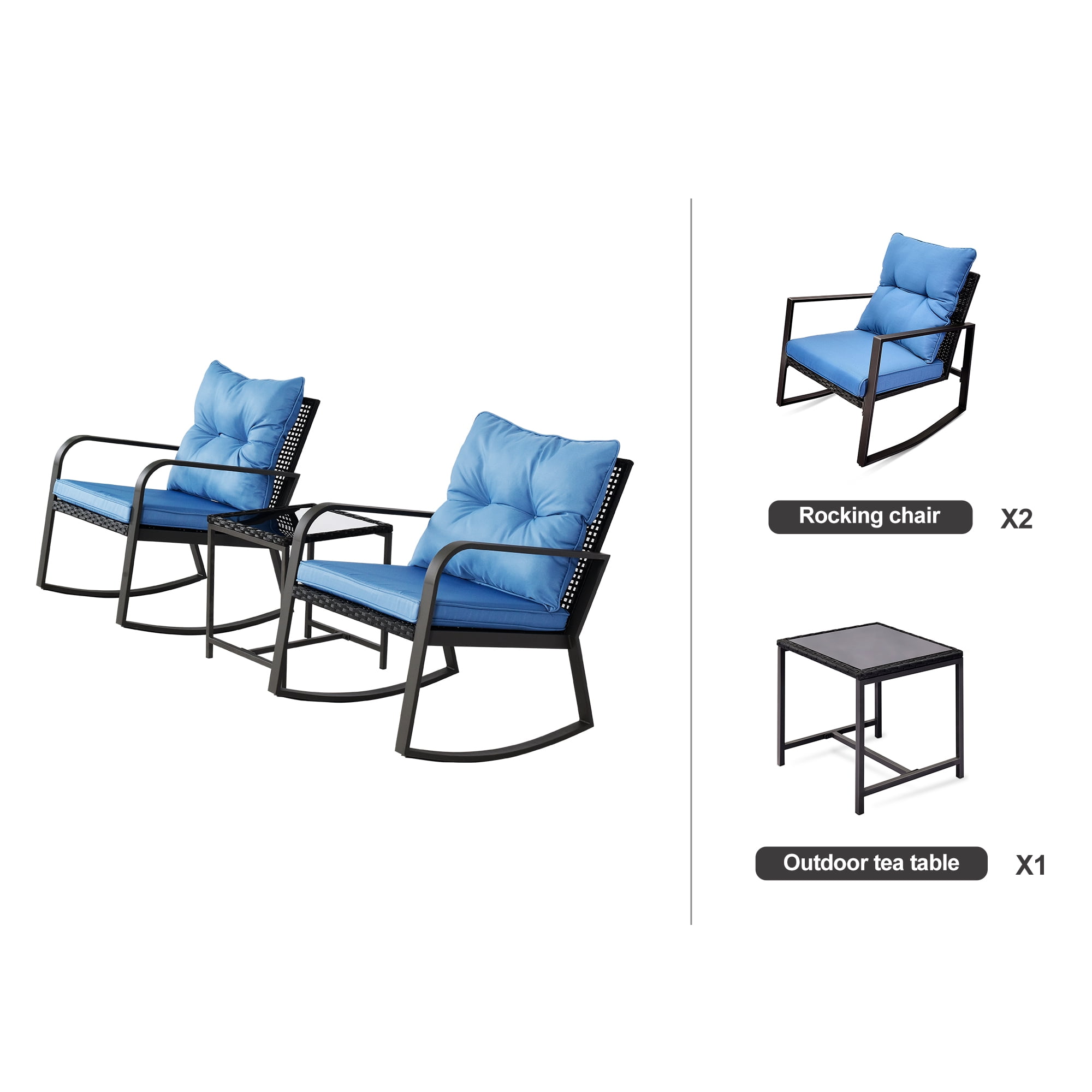 Leumius Patio Furniture Set,3 Pieces Outdoor Rocking Chairs Set with 2 Chairs & Side Table,Weather-Resistant Patio Furniture for Garden,Bistro,Porch,Blue