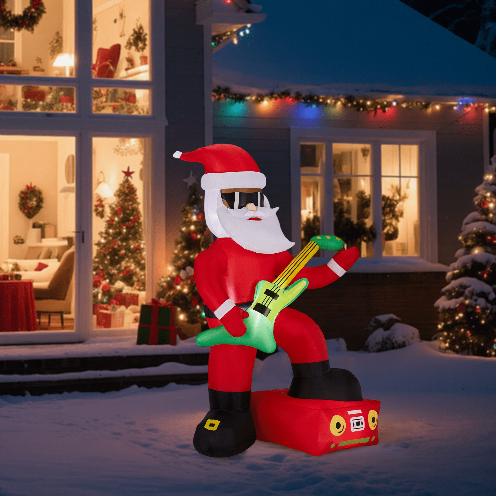Astoutdoor 7.5 ft Lighted Christmas Inflatable Decoration, Black Santa Playing Electric Guitar, Blow Up Yard Decor with Built-in LED Lights