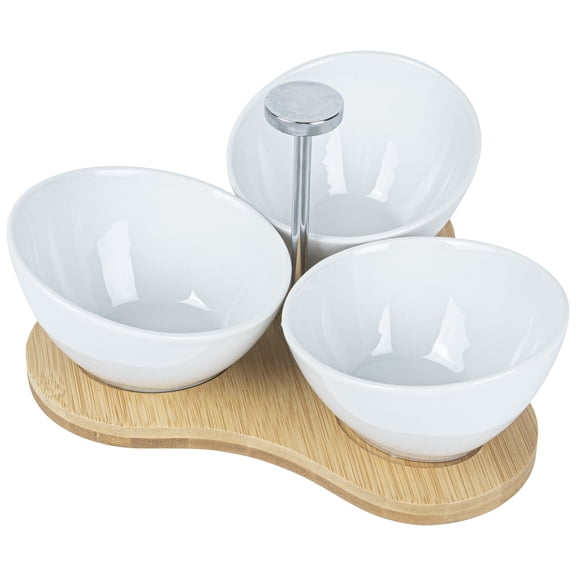 Chef 101 15 oz Rectangle White Porcelain Incline Bowl Set - 3 Bowls, Bamboo Tray - 8 3/4" x 8" x 5" - 1 count box