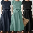 thumbnail image 6 of ZenCart Women's Boho Cotton Linen Maxi Dress Summer Short Sleeve Round Neck Long Dress with Belt And Pockets Casual Beach Sundress, 6 of 8