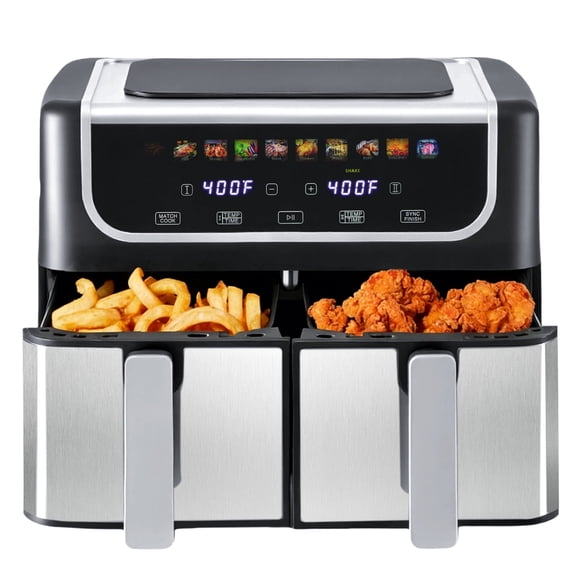 EDX 9QT Dual Basket Stainless Steel Air Fryer with Digital Sync & Match Cook, 1700W, 10 Presets, 2 Independent Cooking Zones, Shake Reminder, Black