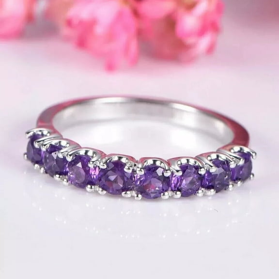 Hitanshu Jewels Round Cut Purple Cubic Zirconia Women's Eternity Band Ring 14K White Gold Plated