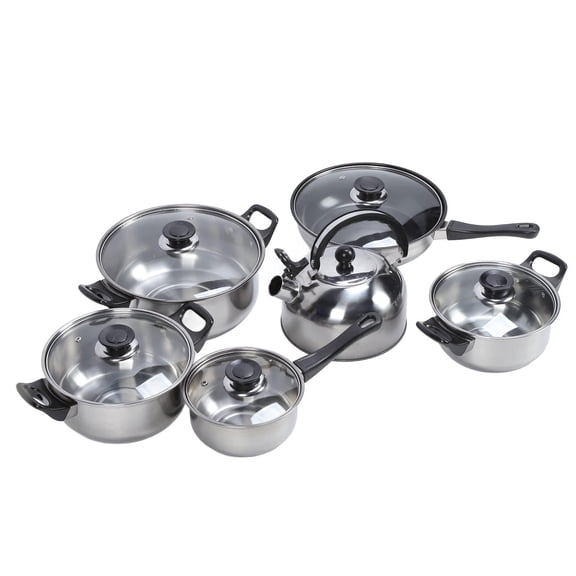 YAHHU Stainless Steel Cookware Set – 5‑Piece Pot & Pan Collection with Non‑Stick Frying Pan, Saucepan, Stock Pots & Tea Kettle, Black Heat‑Resistant Handles