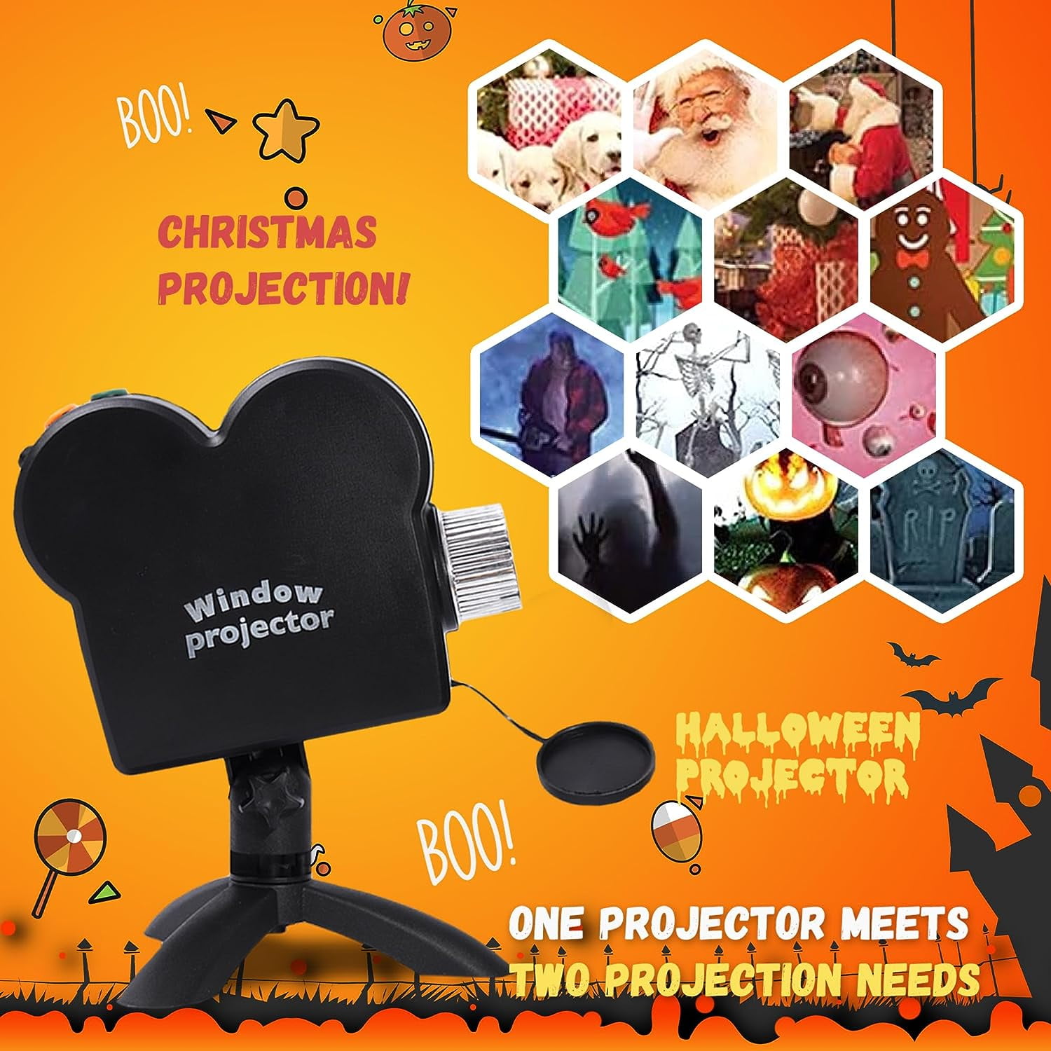 Halloween Christmas Window Projector with a Tripod, Built-in 12 Movies ,Mini Outdoor Halloween Projectors for Perfect Christmas and Halloween
