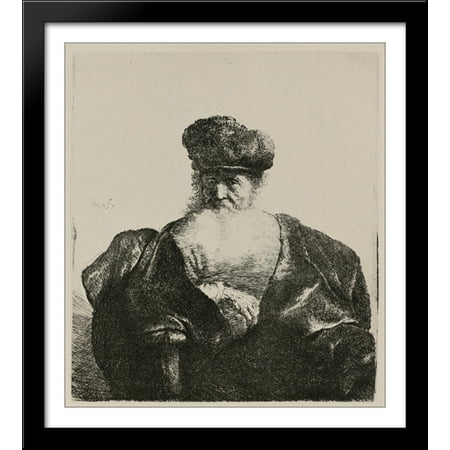 An Old Man with a Beard, Fur Cap and a Velvet Cloak 28x32 Large Black Wood Framed Print Art by Rembrandt