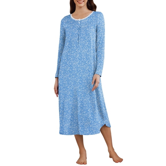 Ekouaer Nightgowns for Women with Pockets Long Sleeves Nightshirts Ladies Nightdress Plus Size Pajama Dress