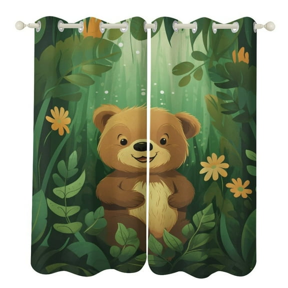 Green Leaf Jungle Animals 2 Panel Curtain Set, Watercolor Painting Window Treatment Living Room Bedroom Decor