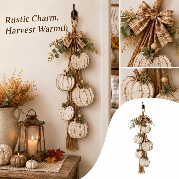 Fall Hanging Decor with Wooden Pumpkins, Rustic Farmhouse Wall Decor for Entryway Door, Halloween Pumpkin Decorations for Front Door Hanging Wall Art