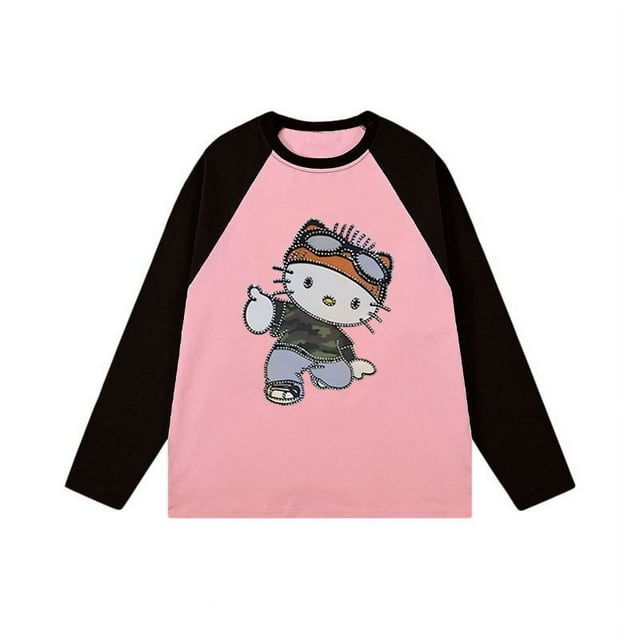 Camiseta de manga larga de dibujos animados Sanrio para mujer, Top de empalme de Hello Kitty, Hip Hop, primavera y otoño, nuevo