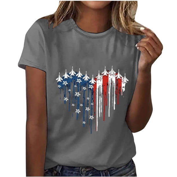Camisetas de Manga Corta para las Mujeres, Blusa de Manga Corta de la Moda Del Día de la Independencia Hecha de Poliéster Cómodo para la Primavera Verano, Blusas de Manga Corta para las Mujeres