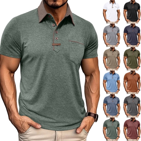 Qwertyu Mens Casual Polo Shirts Classic Short Sleeve Basic Golf Button Shirt with Pocket Light Blue L