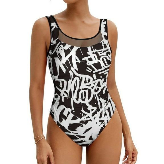 Black And White Graffiti Swimsuit Abstract Art One-Piece Swimwear Push Up Modern Monokini Sexy Fitness Graphic Swimsuits
