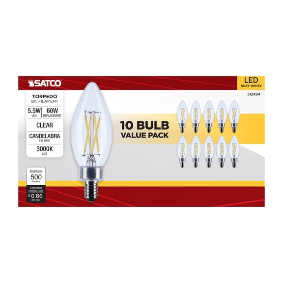 Satco S12494 LED Filament B11 Candle Light Bulbs 5.5W 120V 3000K E12 Candelabra Base Dimmable WET Location (10 Pack)