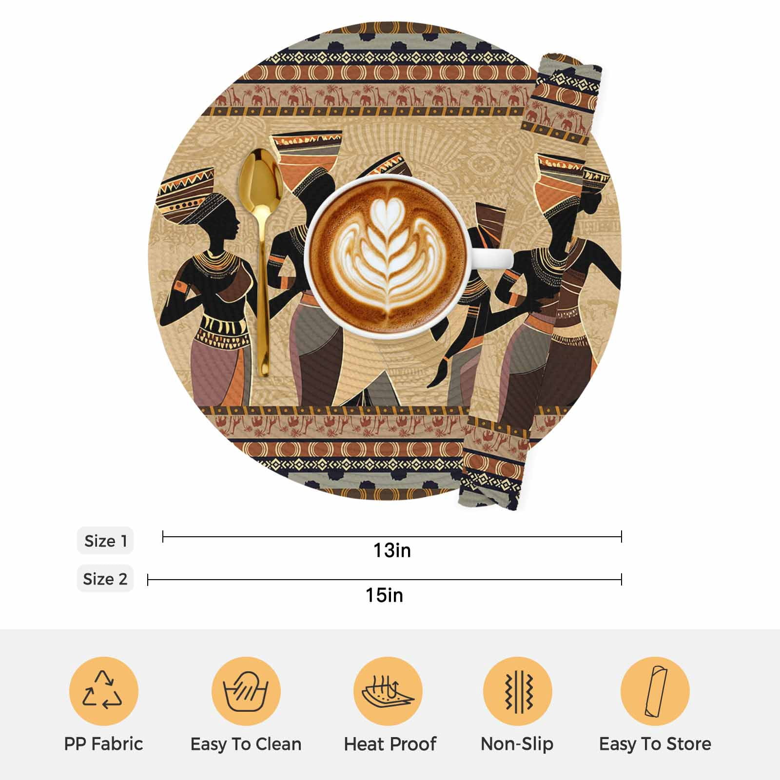 African Women Round Placemats Set of 4 Black Girl Retro Ethnic Ancient Tradition Place Mats Indoor Woven Table Mats Washable Heat-Resistance Braided Dining Table Placemats for Kitchen Party 13 Inch