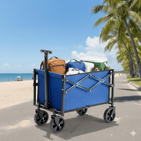 Foldable Camping Wagon Collapsible Utility Cart, 50L Small Space Camping Wagon with 176lbs Capacity, Heavy Duty Beach Wagon with Adjustable Handle & 360° Swivel Wheels for Grocery, Outdoor (Blue)