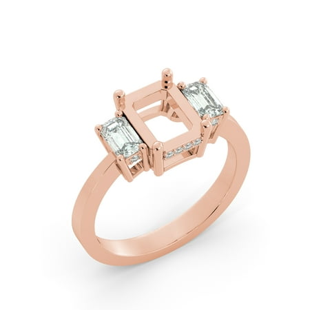 Emerald Semi Mount Ring - Emerald 3 Stone Diamond Semi Mount Bridal Round Engagement Ring 18k Rose Gold