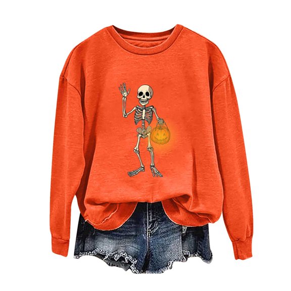 Riecok Womens Long Sleeve Sweatshirts Halloween Skeleton Print Pullover Spooky Season Crewneck Tops Funny Fall Outfit