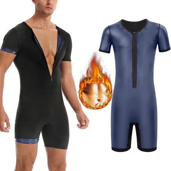 WMTBSRSW Short Sleeve Sauna Suits for Men Sauna Front Zipper One Piece Full Body Shaper for Yoga Workout Exercise Fitness Blue XX-Large