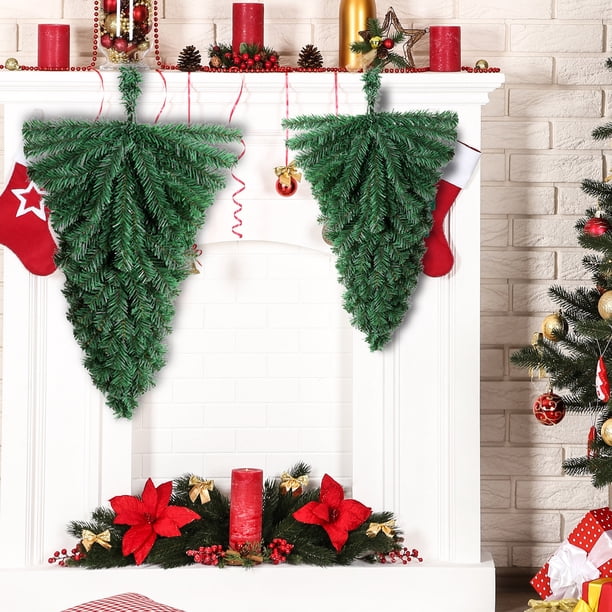 mfyjkho Guirnalda de árbol de Navidad al revés|decoración colgante con borlas artificiales|agujas de plástico verde|hierro para chimenea|pared|ventana|árbol de Navidad|17,72 x 11,81 x 1,97 pulgadas
