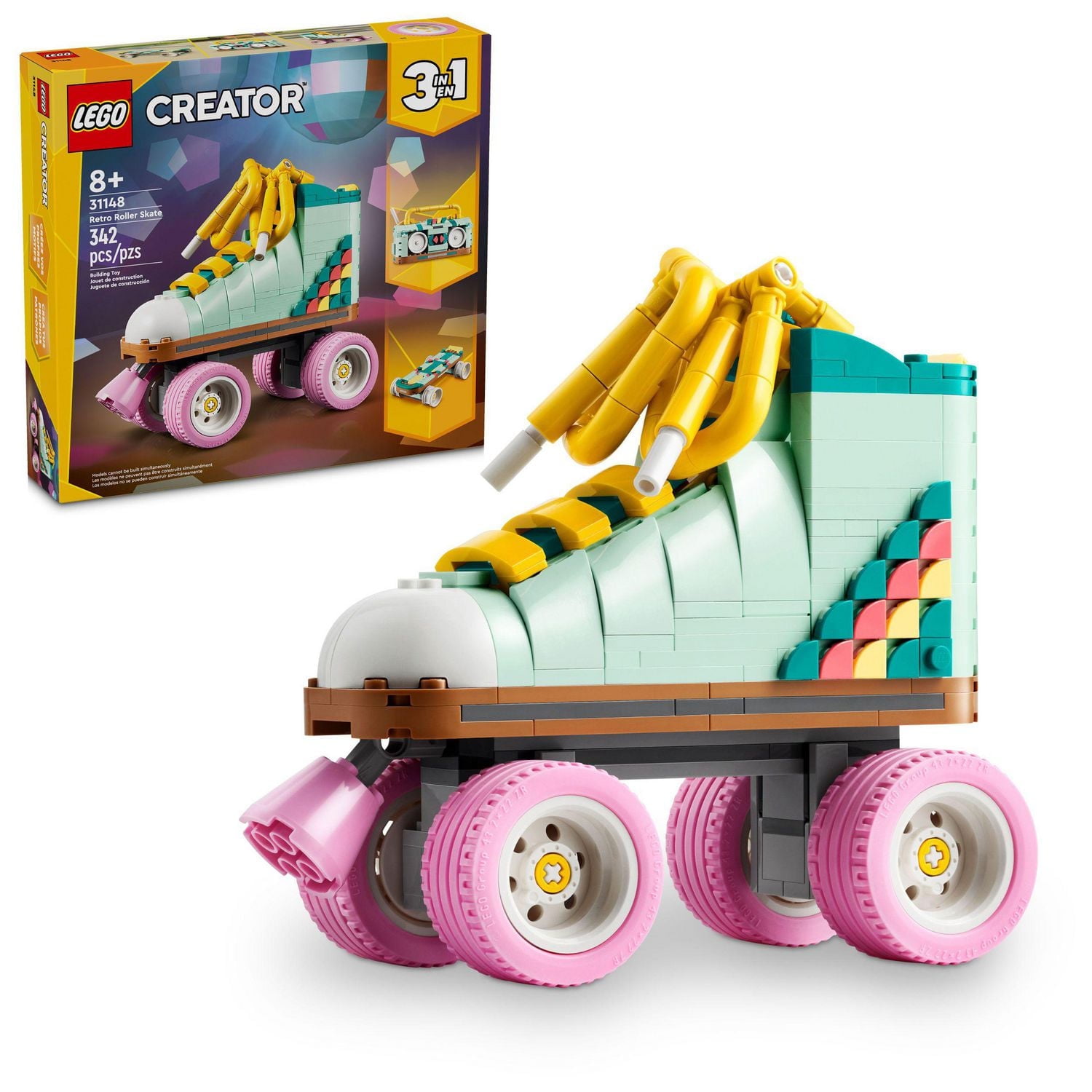 LEGO Creator 3 in 1 Retro Roller Skate Building Kit, Transforms from Roller Skate Toy to Mini Skateboard to Boom Box Radio, Birthday Gift for Skaters, Cool Toy for Boys and Girls Ages 8 and Up, 31148, Includes 342 Pieces, Ages 8+