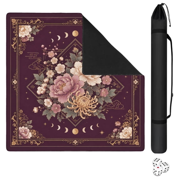 Mahjong Mat for table 31.5x31.5in(80x80cm) Burgundy Floral Moon Border Non-Slip Noise Reduction Square Mahjong Table Mat Mahjong Accessories for PokerBoard Games/Card Games