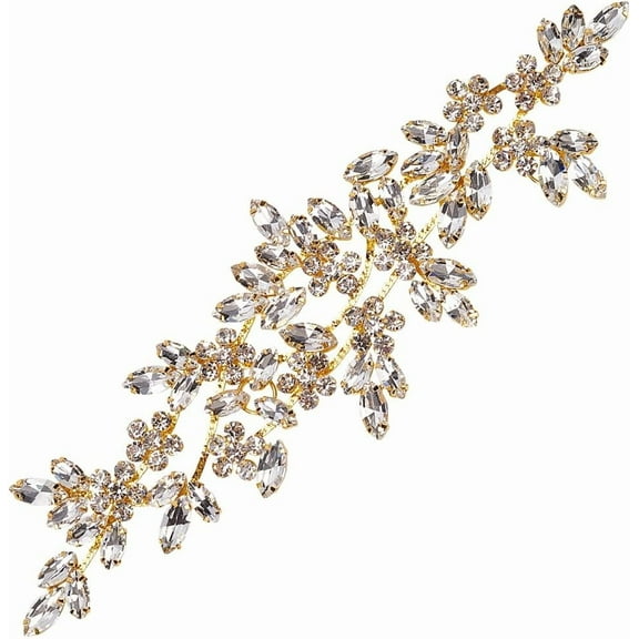 Rhinestone Applique Golden Sewing Applique 8.67x2.56x0.2inch Color Wedding Craft Rhinestone Applique Flower Leaves Rhinestone Applique for Wedding Dress Bridal Belt Decor