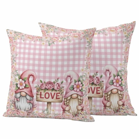 Valentine s Day Outdoor Waterproof Pillow Covers Set of 2 Romantic Love Gnome Couple Pink Rose Floral Buffalo Plaid Pillowcase Decorative Throw Cushion Cases for Patio Garden Couch 16 x 16 Inches