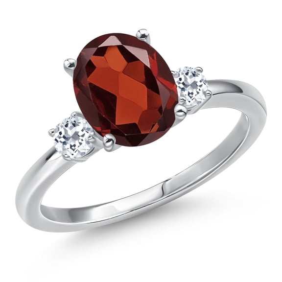 Gem Stone King 14K White Gold Red Garnet and White Topaz Engagement Ring for Women | 3.08 Cttw | Oval 10X8MM | Gemstone January Birthstone | Size 7