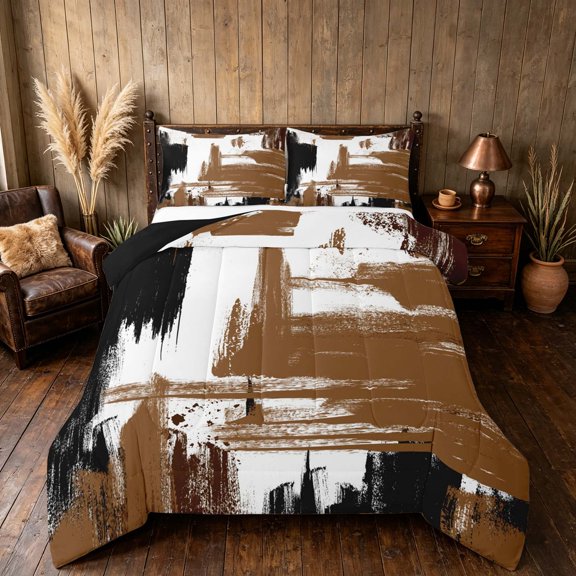 Manfei Vintage Oil Painting Queen Comforter Set, Watercolor Brushstroke Comforter Sets Queen, Brown and Black, Black Reversible 3-Piece, 1 Comforter and 2 Pillowcases