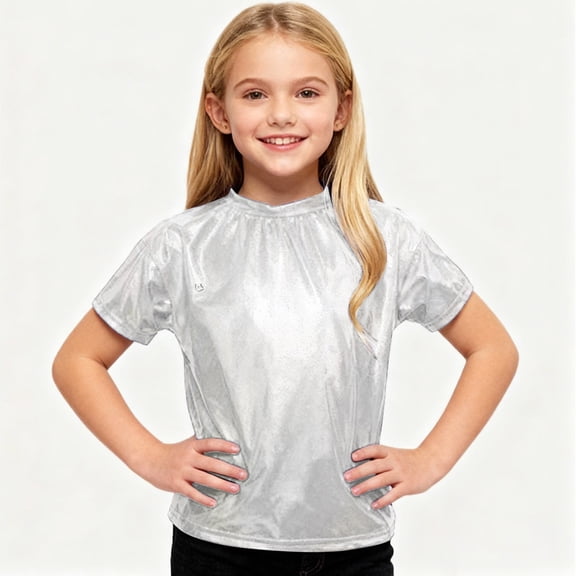 UACY Kids Boys Girls Metallic Shiny T-Shirt Short Sleeve Loose T Shirts Jazz Hip Hop Dance Tops