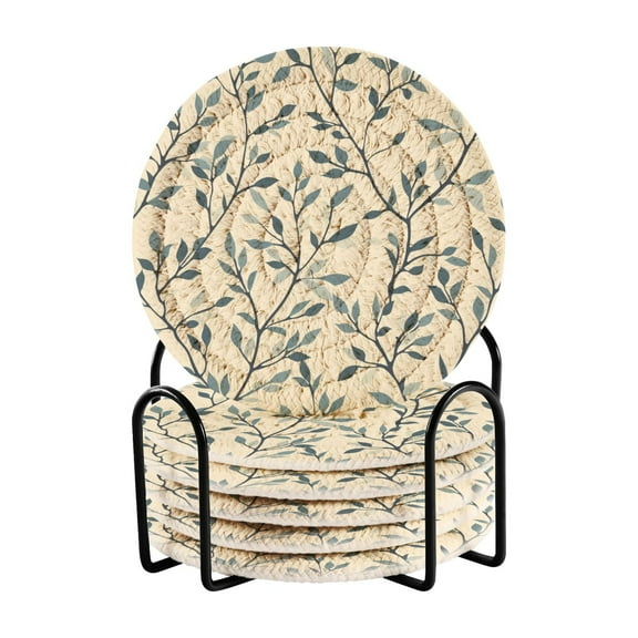 Leaves Full 6 Pcs Drink Coasters with Holder Absorbent Coasters Woven Coasters for Drinks Table Desk Protection Home Decor