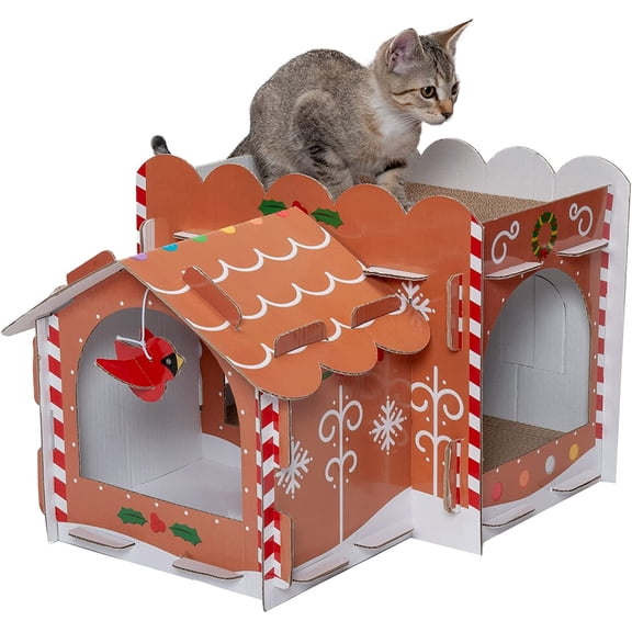 Furhaven Decorated Gingerbread Chateau Corrugated Cat Scratcher Hideout w/ Catnip - Christmas Print, One Size Gingerbread Christmas Chateau One Size Corrugated Scratcher