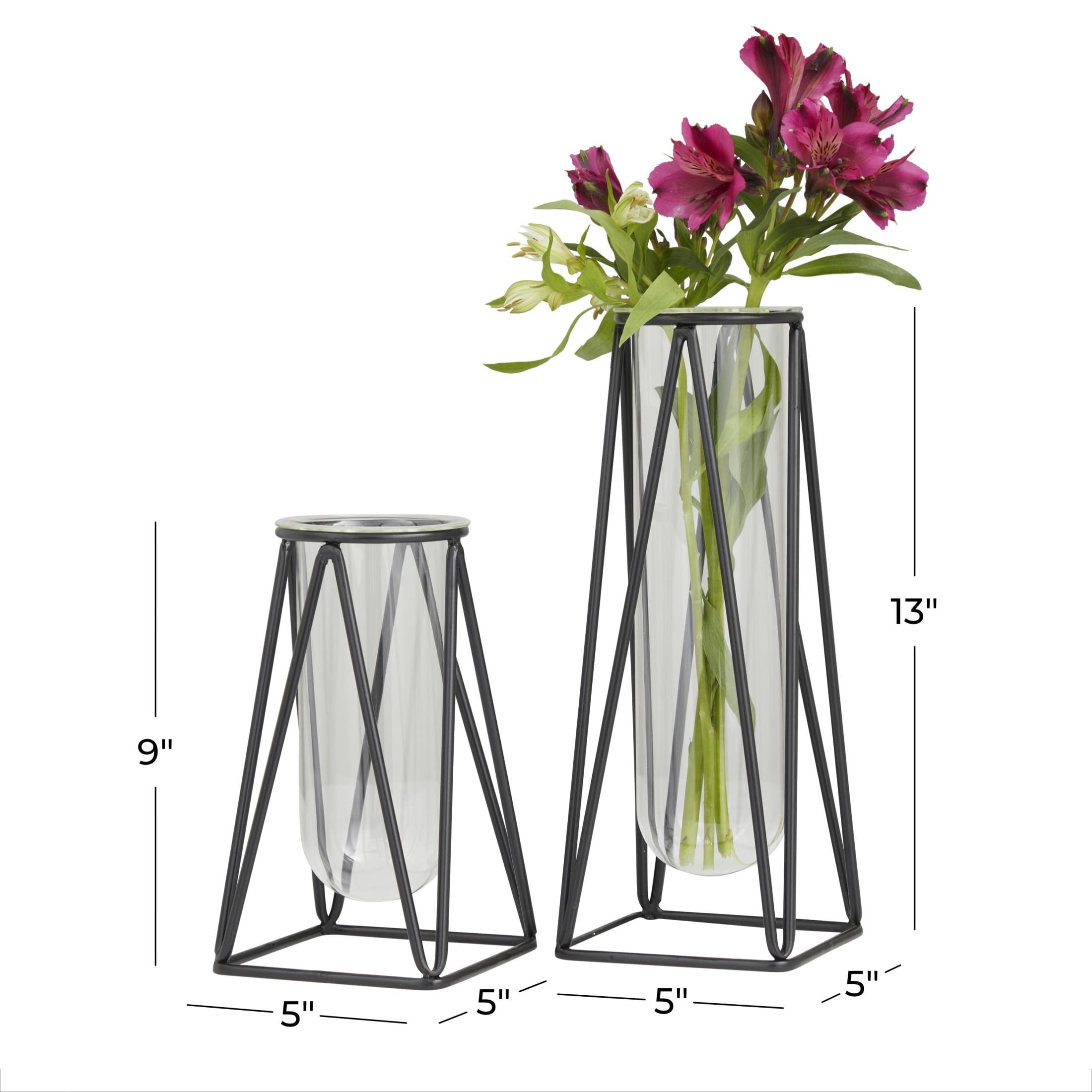 DecMode 13", 9"H Geometric Tube Black Glass Vase with Metal Stand, Set of 2
