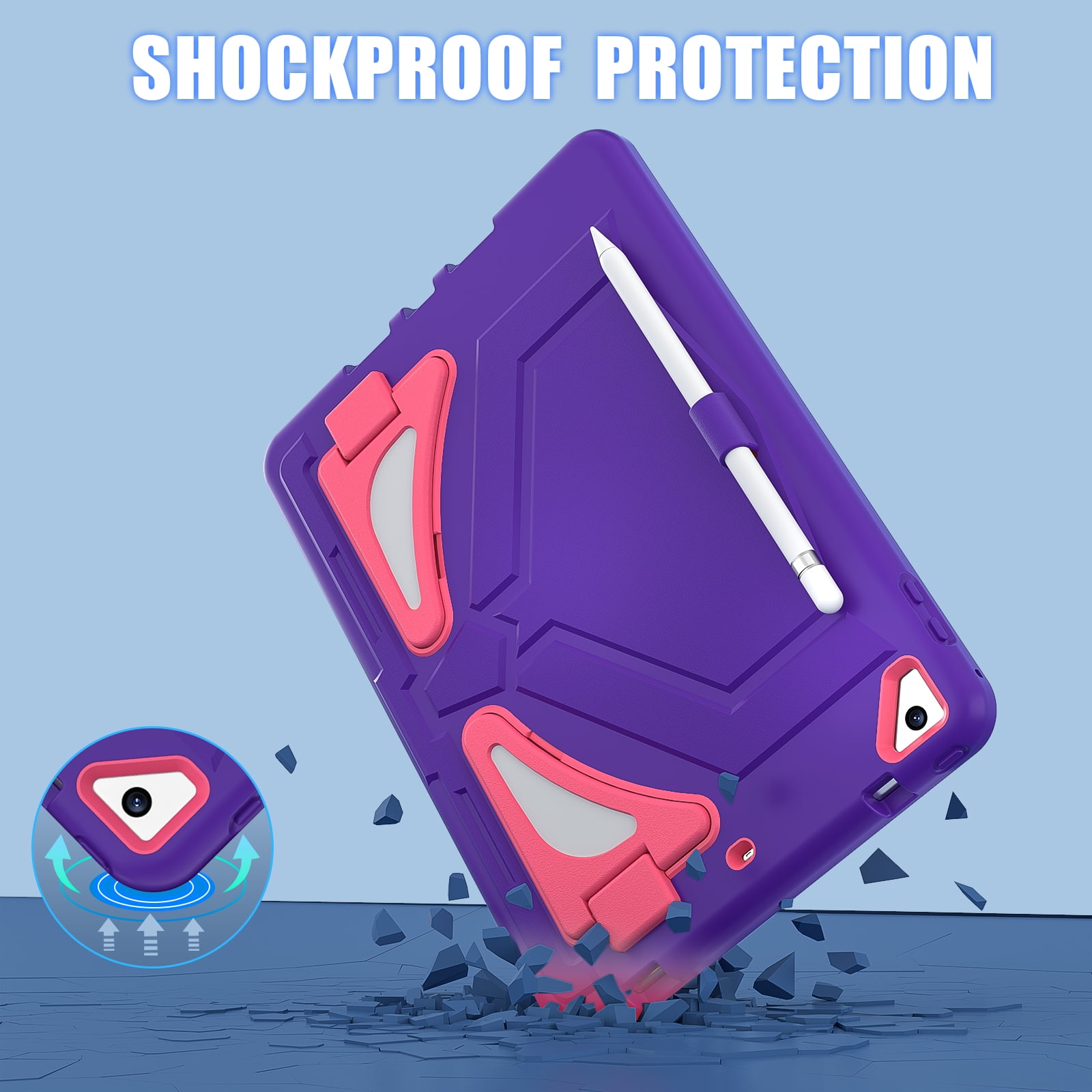 TECH CIRCLE Kids Case for iPad 9.7 2018/2017/iPad Air 2/Pro 9.7 with Pencil Holder,Shockproof Portable Handle Stand Protective Kids Case for iPad 9.7 Inch 6th Gen/5th Gen/Air 2/Pro 9.7",Purple/Rose