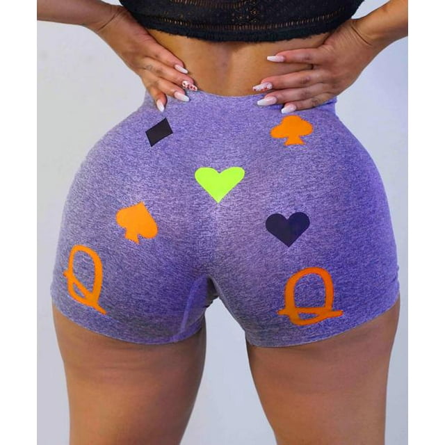 Multitrust Women Elastic Waist Funny Print Sport Shorts High Waisted Running Yoga Gym Workout Short Pants