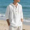 thumbnail image 5 of Men's Hooded Pullover Half Button Drawstring Long Sleeve Linen Henley Shirts Lightweight Casual Beach Blouse With Pocket (XL, White), 5 of 8