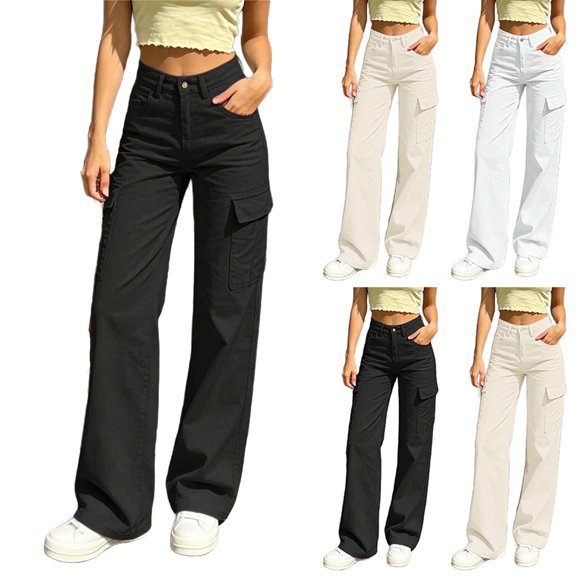 Women's Elastic Waist Straight Leg Pants with Pockets, Soft Casual Trousers for Work Daily Wear, Mid Waisted Long Straight Pants | UKHCCC,Beige L