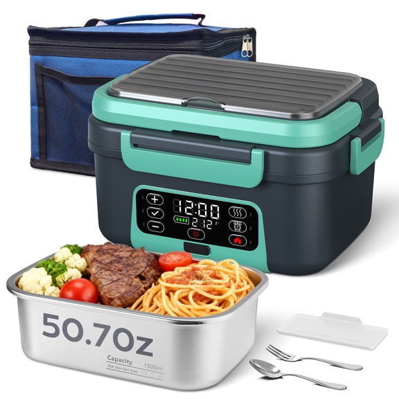 Cordless Electric Heated Lunch Box, 6.3 Cups Large Capacity, 20, 000mAh Rechargeable Battery, 100W Automatic Scheduled Heating, Removable Tray Divider, Spoon And Insulated Bag, Lake Green