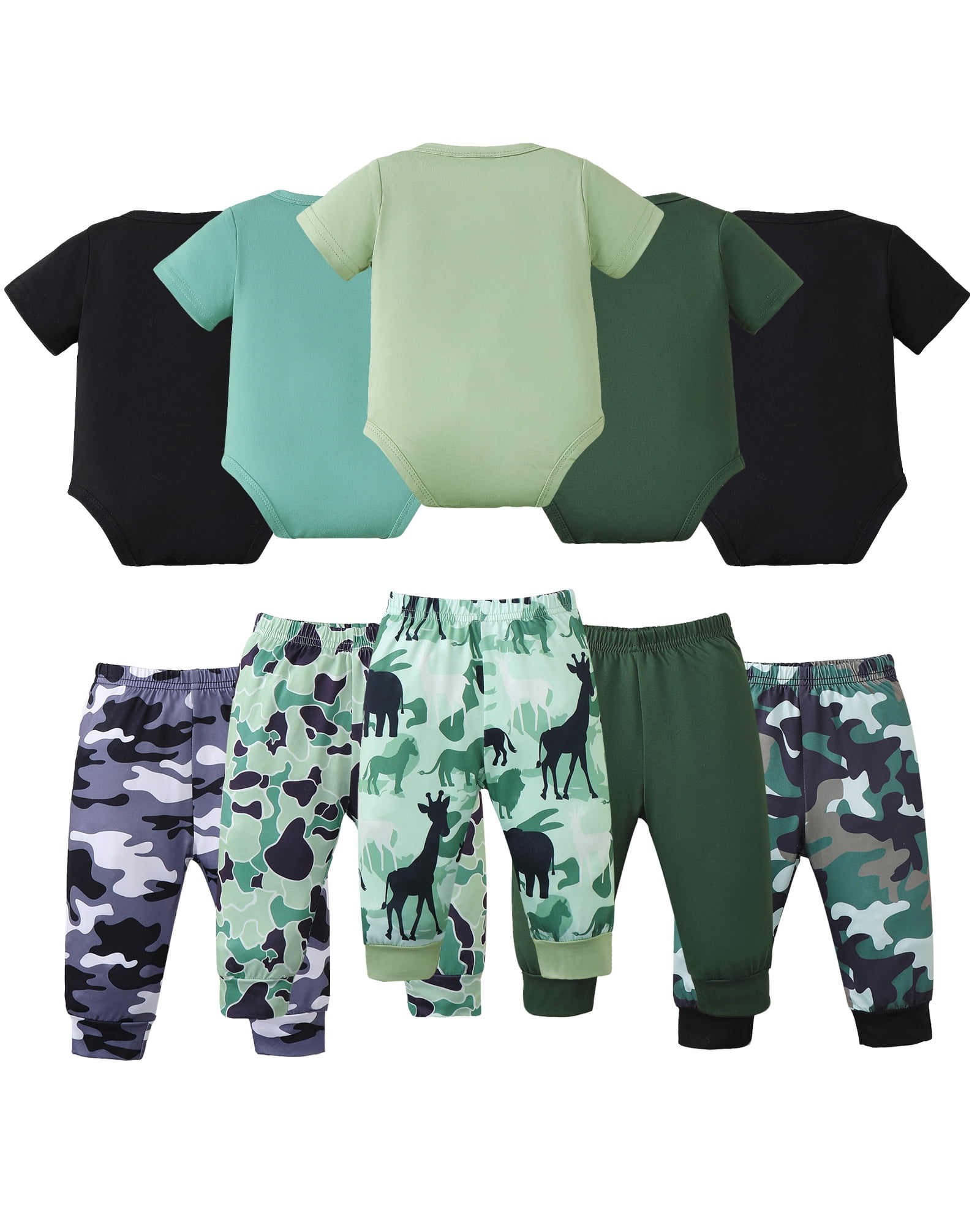 KIMI BEAR Preemie Baby Boys Layette Set 5 Packs Shower Gift Sets Romper Top Pants Set Short Sleeves Tops Letter Print Camouflage Outfits Clothing Summer 10pcs Essential Clothes Multicolor