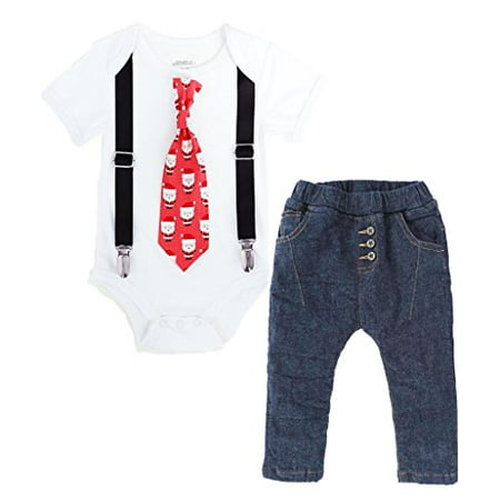 Noah's Boytique Baby Boys Santa Tie Christmas Outfit Tie Suspenders and Jean Pants Set Newborn Black