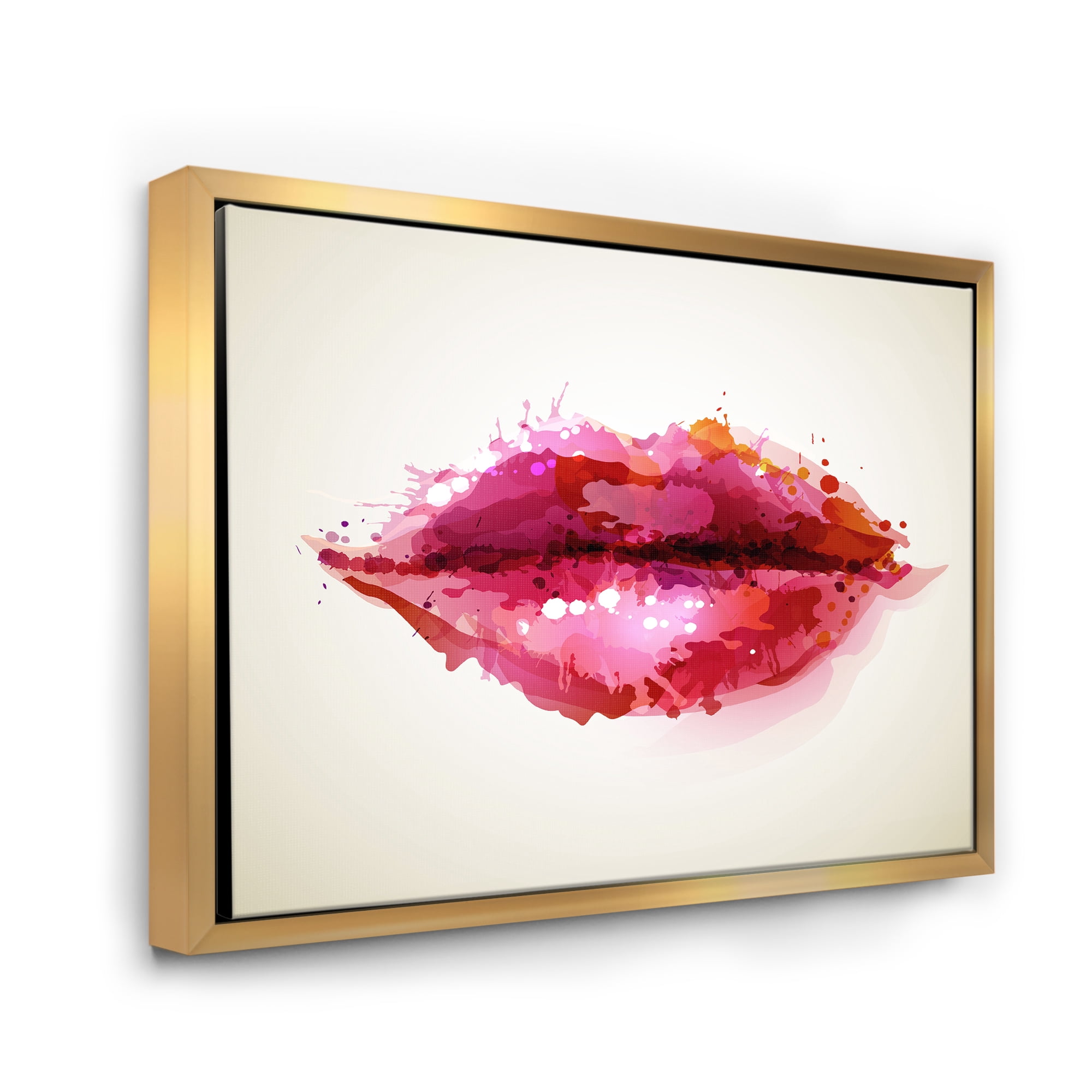 Designart 'Red Girl Lips Formed By Abstract Blots' Modern Framed Canvas Wall Art Print
