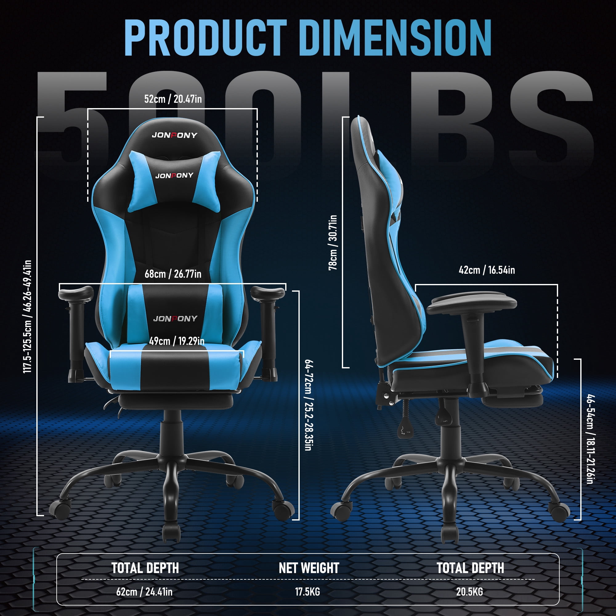 JONPONY Big and Tall 500LBS Gaming Chair with Footrest and Lumbar Support, High Back Ergonomic Recliner,Height Adjustable Leather Computer Desk Chair for Home Office, BLue