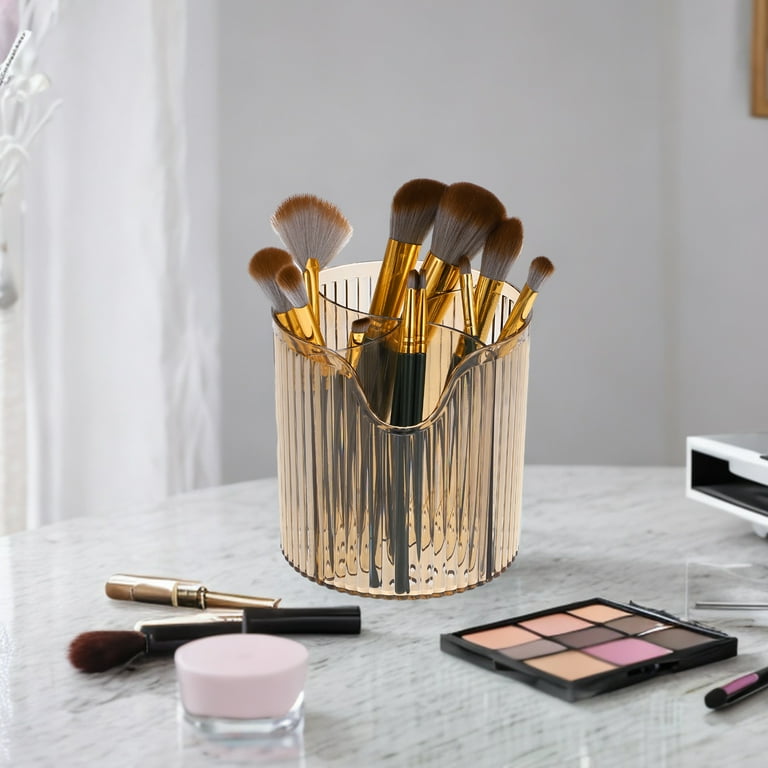 Unique Bargains Makeup Brush Cup 4 Slot Makeup Brush Holder for Vanity for Bathroom Countertops Clear Brown