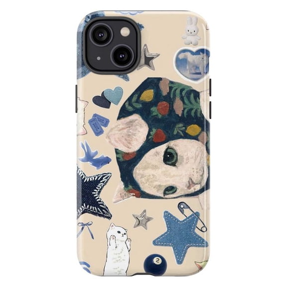 Vintage Cottagecore Cat Phone Case, Cream Collage Floral Bonnet & Stars Phone Cover for iPhone 17 16 15 14 13 12 11 Pro Plus Mini