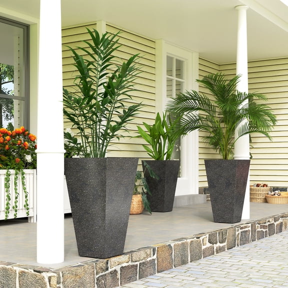 Outsunny 28" Tall Planters, Set of 3 Plastic Flower Pots with Marble Finish and Drainage Holes, Stackable Tapered Outdoor Planters, Black